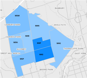 A map of the North Toronto area highlighting in blue the postal code areas that make up North Toronto.